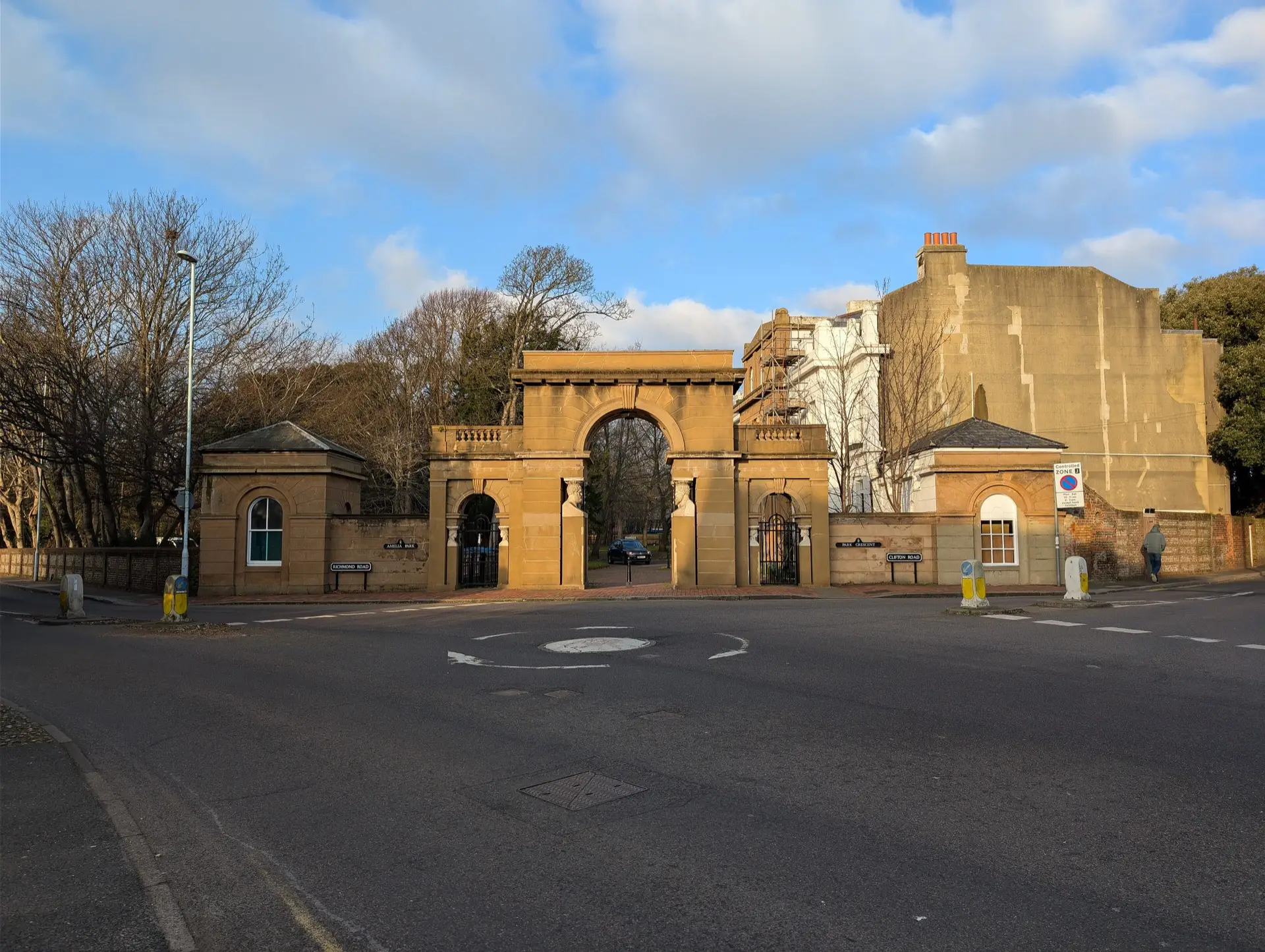 The stone gateway to Park Crescent in Worthing, a few steps from Park Crescent Garage