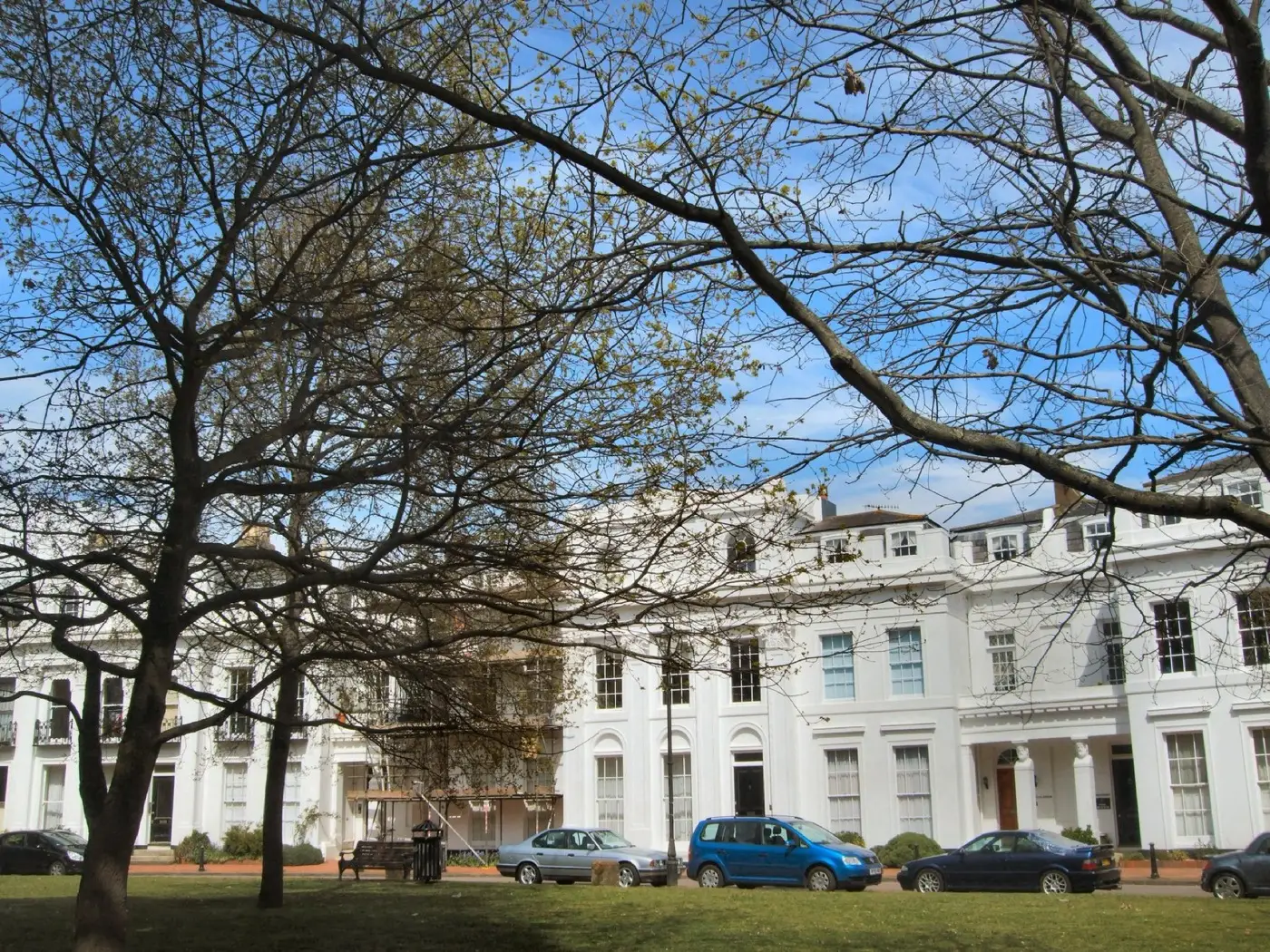 Park Crescent's white Regency terrace in Worthing, close to Park Crescent Garage